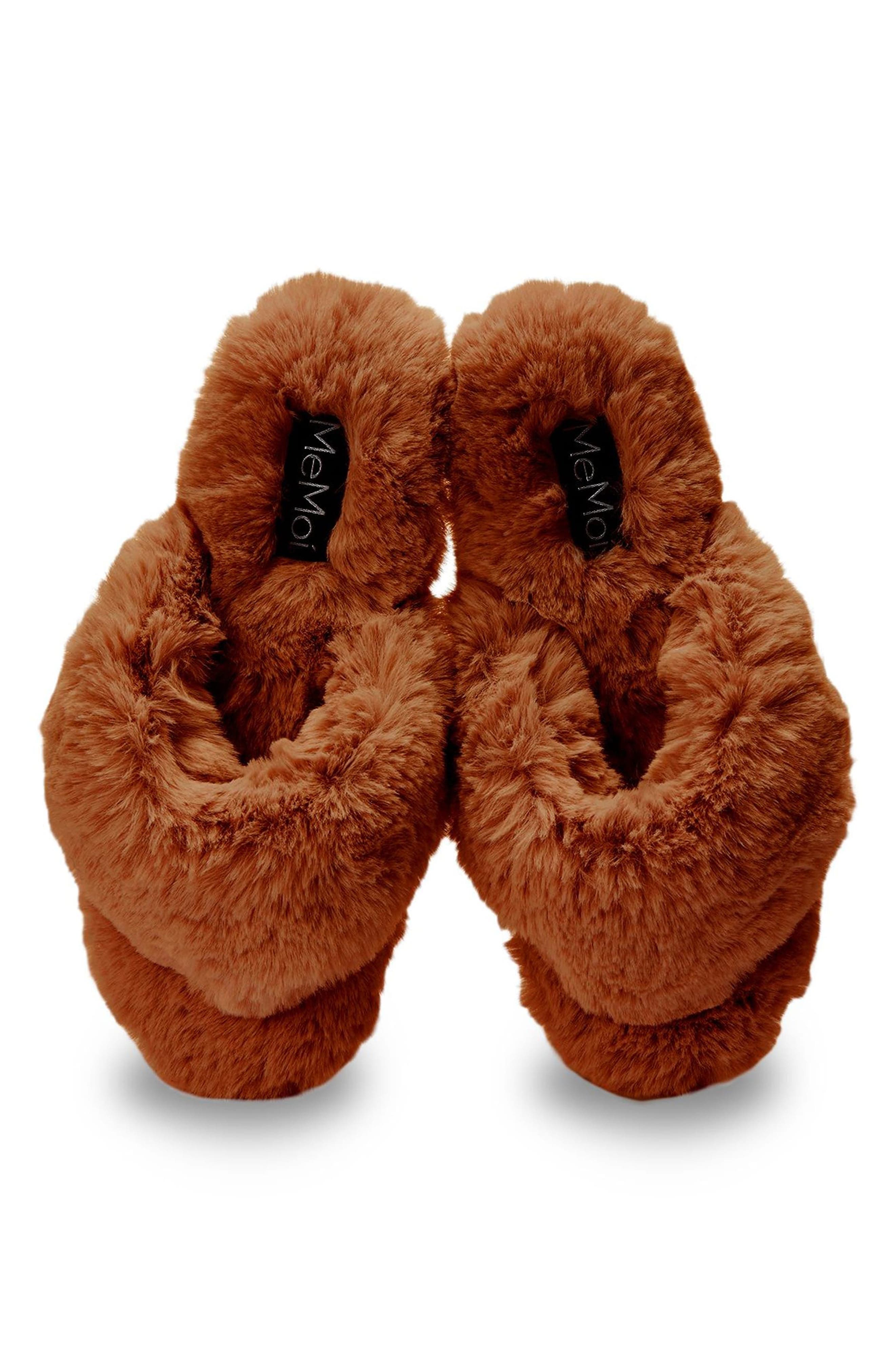 Fuzzy Plush Faux Fur Flip Flop Slipper, Alternate, color, RUST