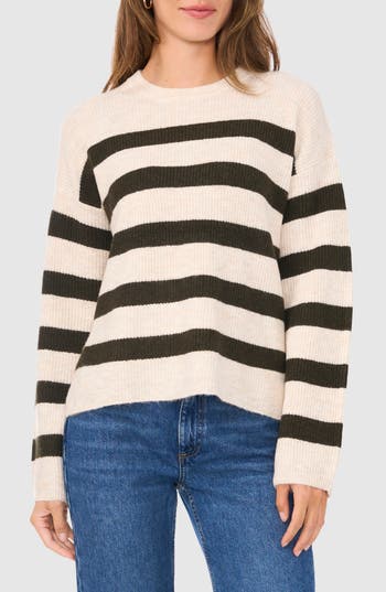 Halogen ® Stripe Crewneck Sweater In Beige/deep Olive