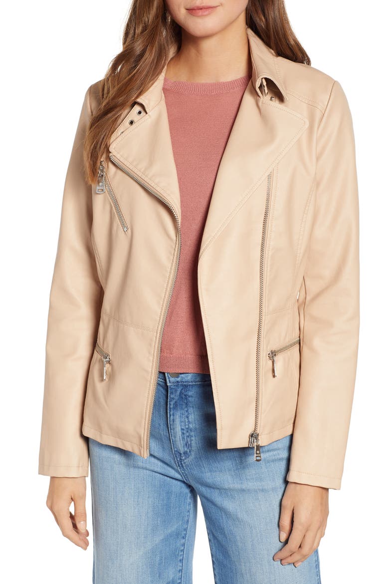Spring Faux Leather Moto Jacket, Main, color, NUDE