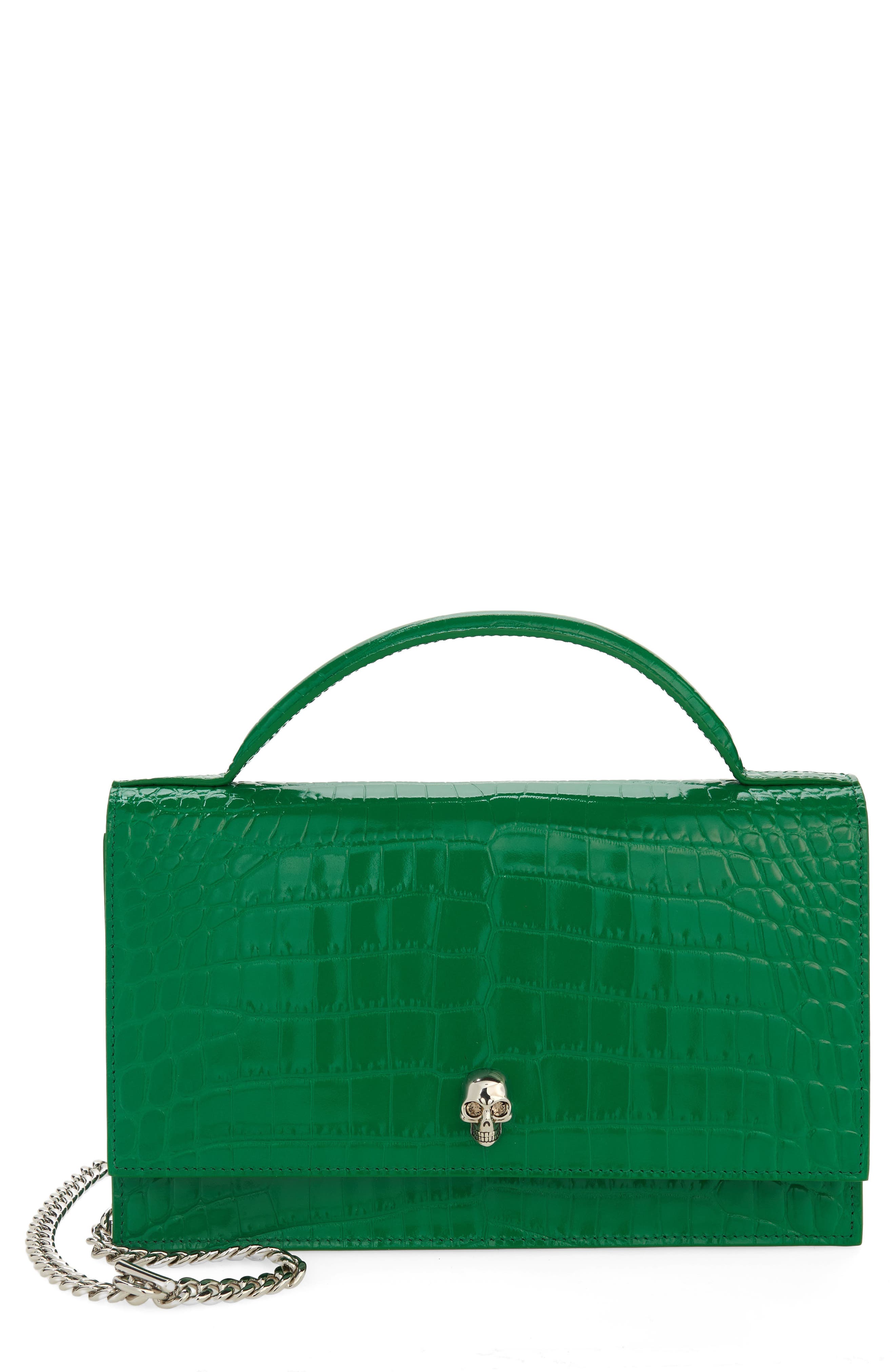 McQueen Medium Skull Croc Embossed Leather Crossbody Bag, Main, color, 