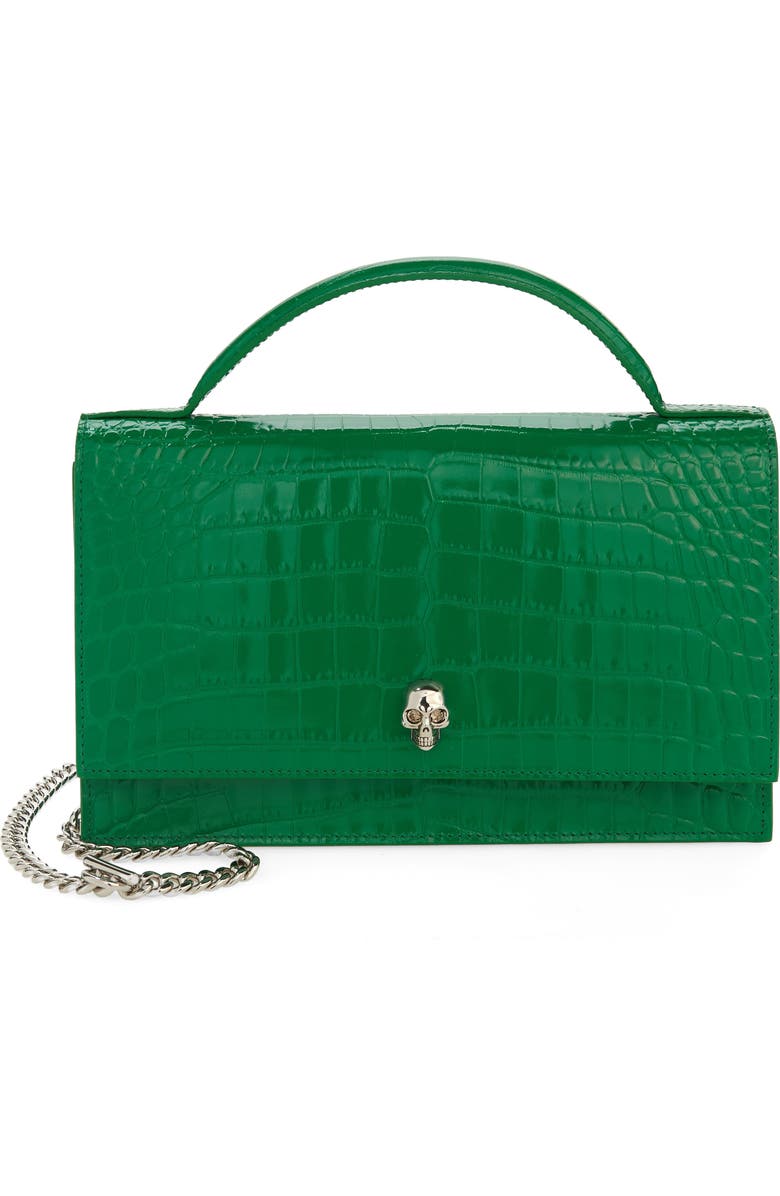 McQueen Medium Skull Croc Embossed Leather Crossbody Bag, Main, color,