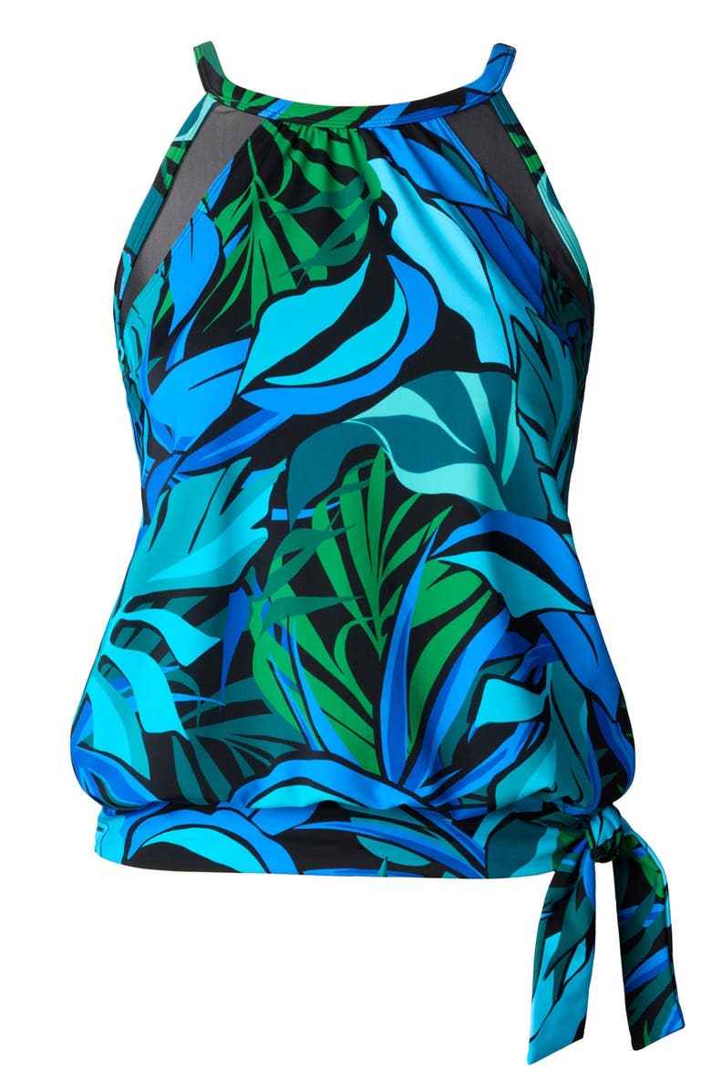 ShapeSolver High Neck Mesh Blouson Plus Size Tankini Swimsuit Top, Alternate, color, Leaf Sensation