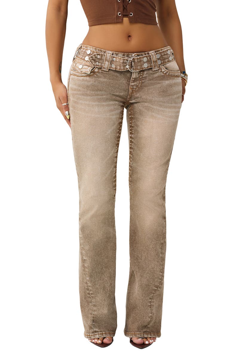 True Religion Joey Stud Belt Low Rise Flare Leg Jeans, Main, color, Brown Wash