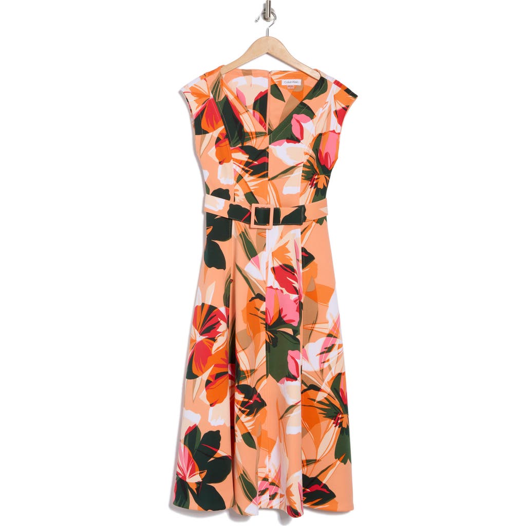 Shop Calvin Klein Tropical Floral V-neck Belt Midi Dress