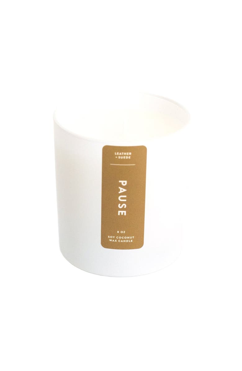 Joy Paper Co. Pause Leather Suede Coconut Soy Candle, Main, color, White With Gold