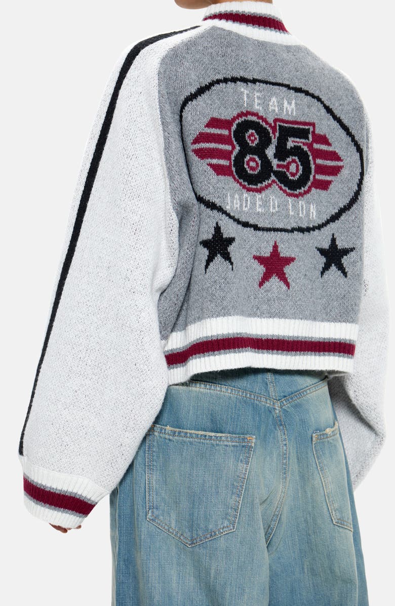 JADED LONDON 85 Jacquard Graphic Bomber Cardigan, Alternate, color, Grey