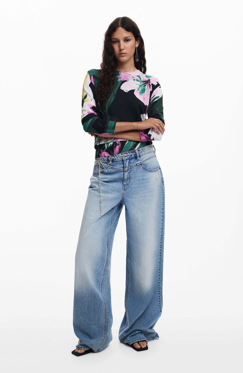 Desigual Floral Fine Gauge Crewneck Sweater, Alternate, color, Black