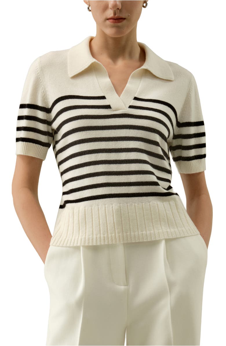 Lilysilk Luxury Striped Cashmere Polo Sweater, Main, color, Black&White Stripes