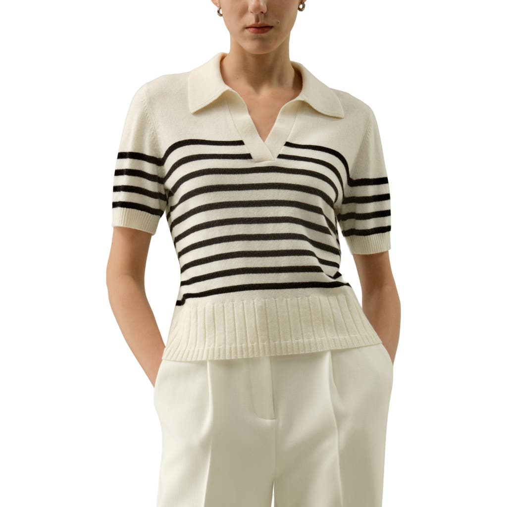 Lilysilk Luxury Striped Cashmere Polo Sweater In White