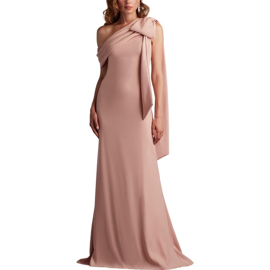 Tadashi Shoji Cassia Bow-shoulder Crepe Gown In Nude