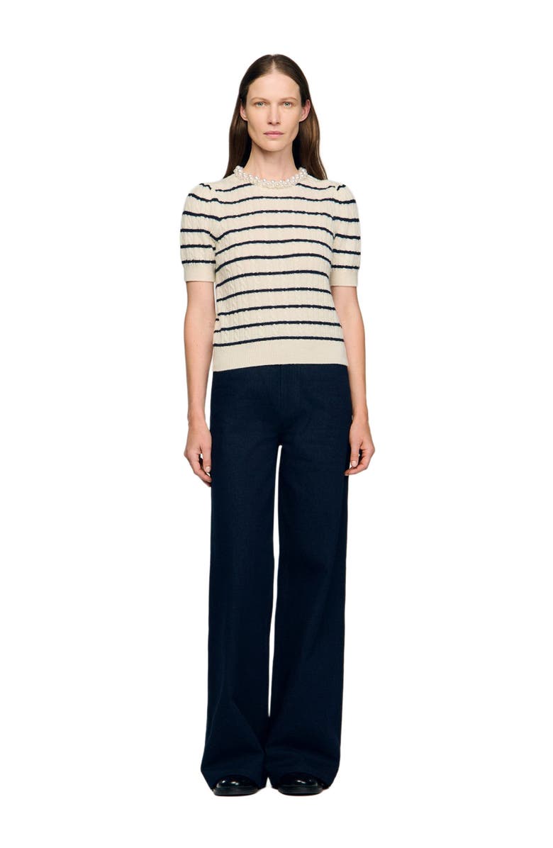 SANDRO Striped sweater with pearl collar, Alternate, color, Ecru