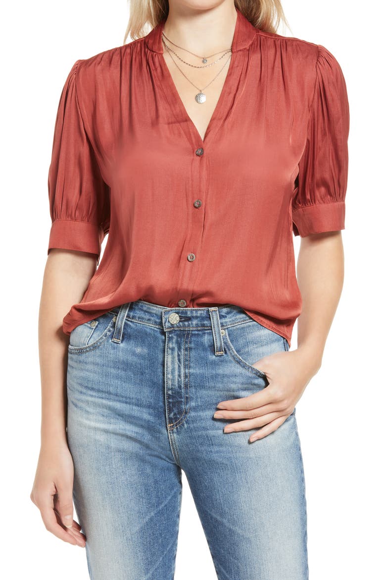 V-Neck Button-Up Blouse, Main, color, RUST MARSALA