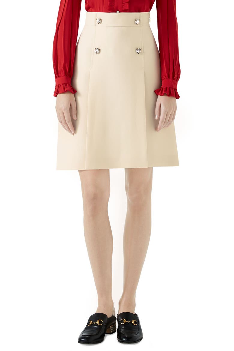 Tiger Button Wool & Silk Crepe A-Line Skirt, Main, color, GARDENIA