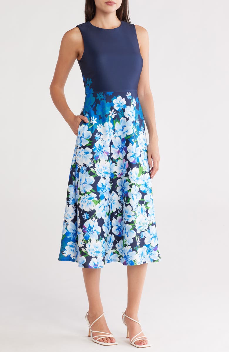 Donna Ricco Floral Sleeveless A-Line Midi Dress, Main, color, Navy Multi