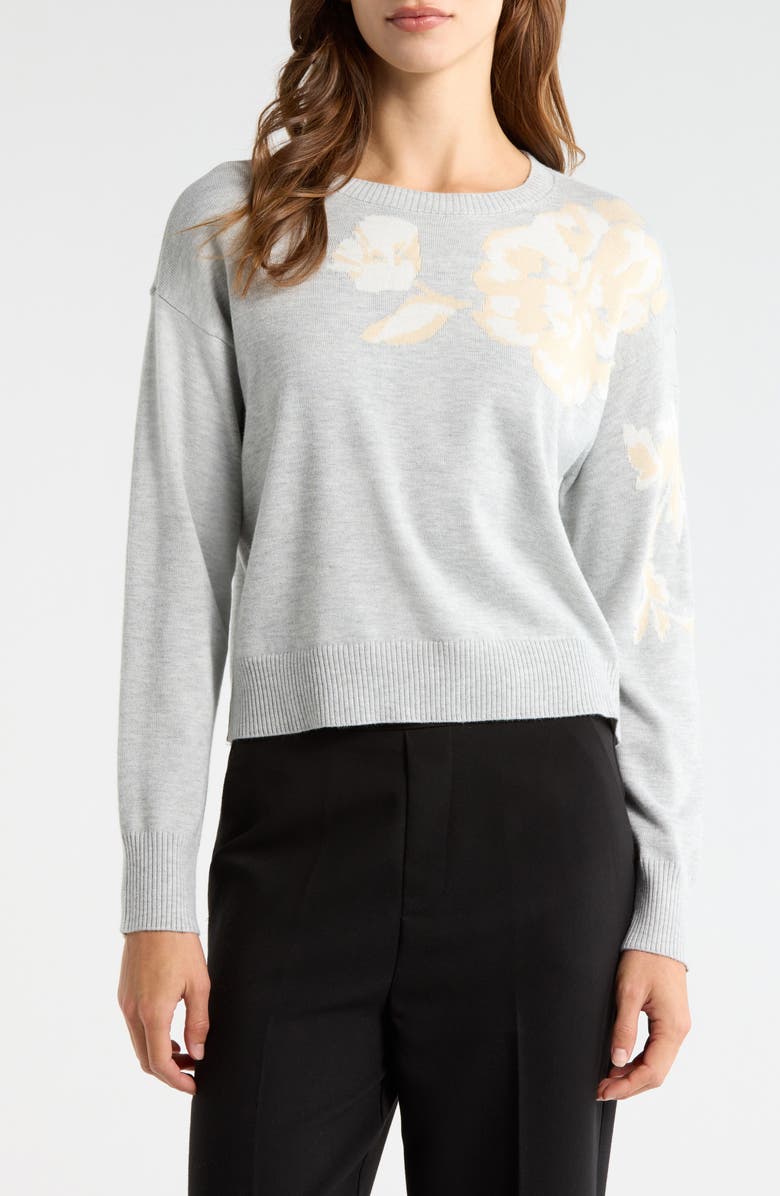 Vince Camuto Floral Motif Crewneck Sweater, Main, color, Pearl Heather