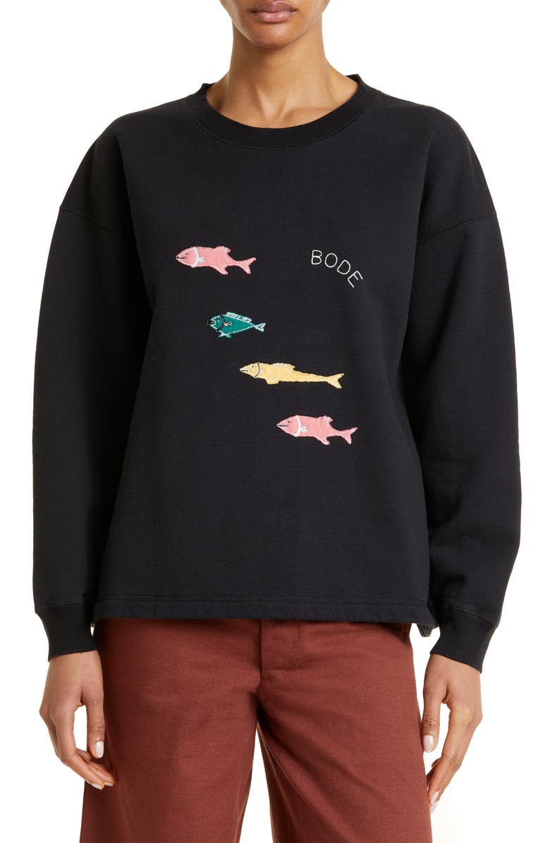 Bode Fish Appliqué Cotton Sweatshirt, Main, color, 