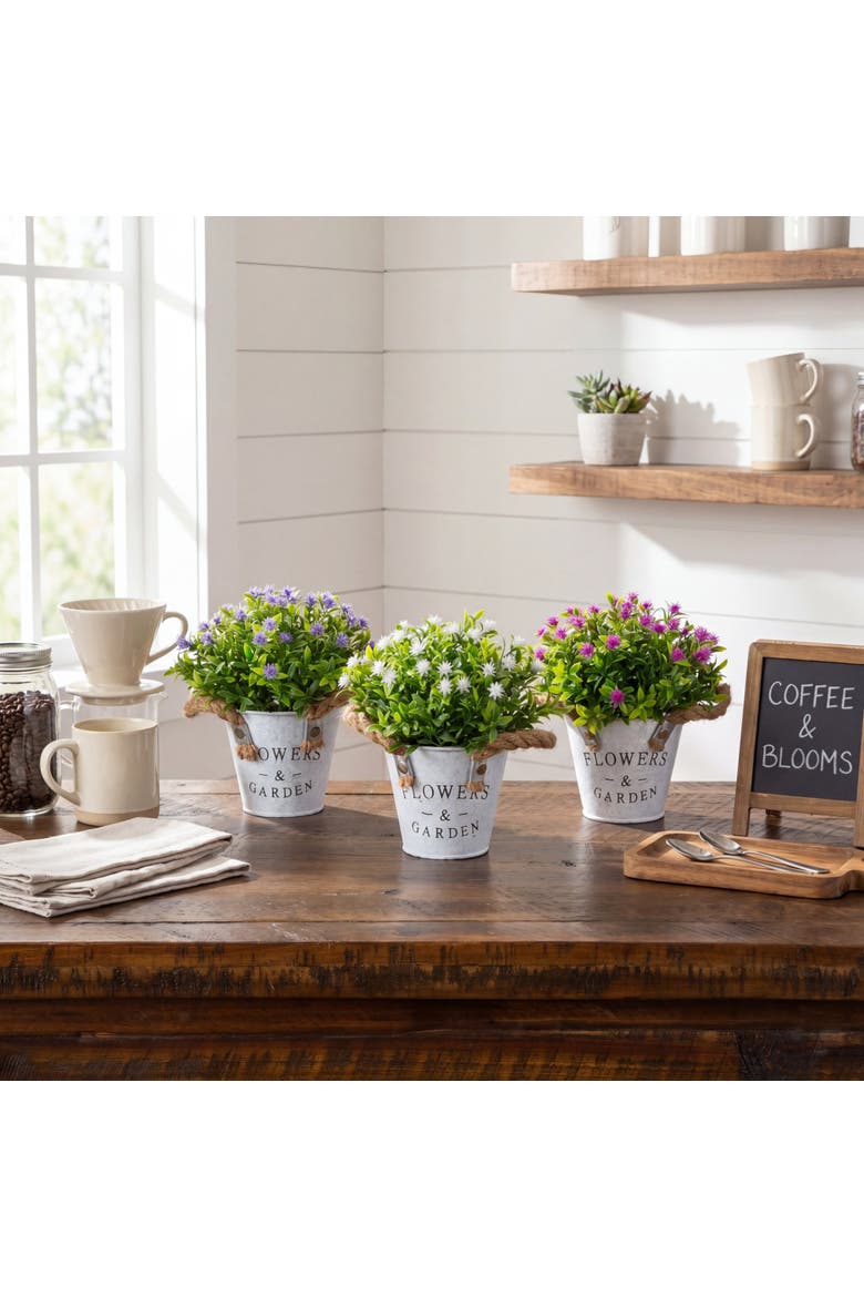 8-in Artificial Flowering Plant in Rustic Flowers & Garden Planter - Set of 3, Alternate, color, Assortment 1