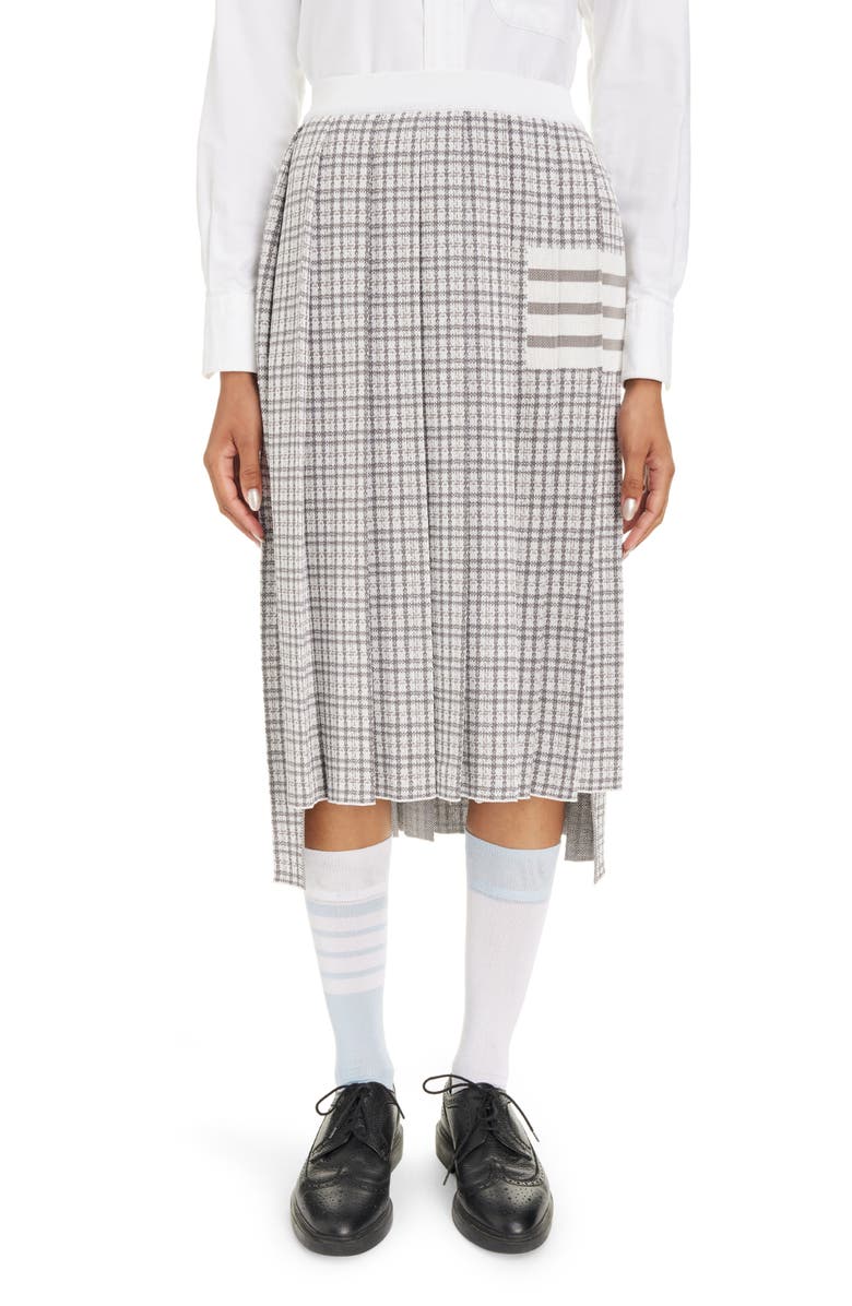 Thom Browne 4-Bar Small Check Drop Back Silk & Cotton Pleated Skirt, Main, color, 