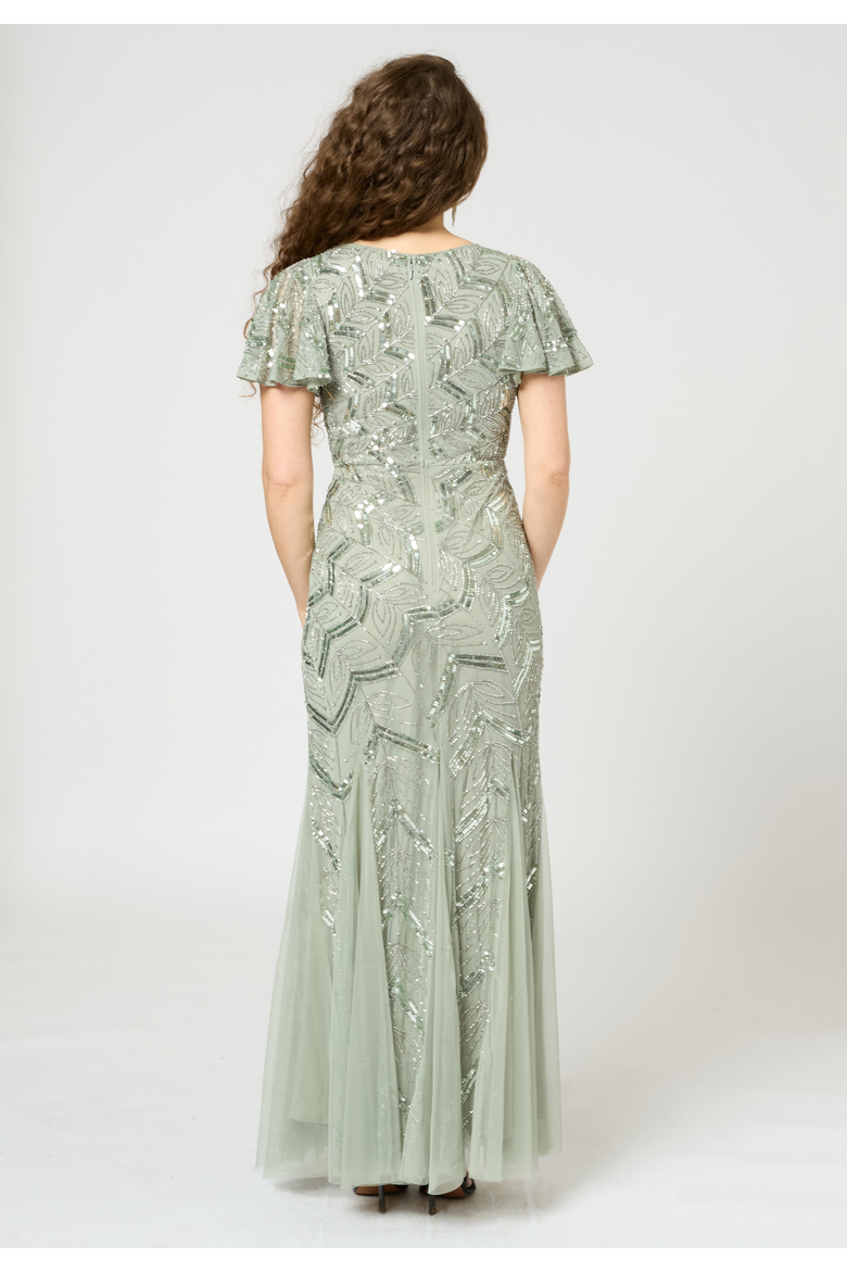 Embellished Sequin Beaded Maxi Dress With Short Sleeve, Alternate, color, SAGE GREEN