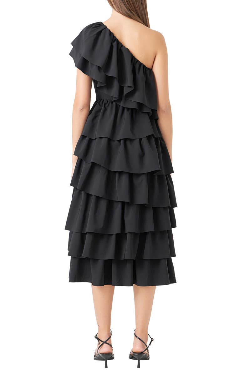 Endless Rose Ruffle One-Shoulder Tiered Ruffle Midi Dress, Alternate, color, Black