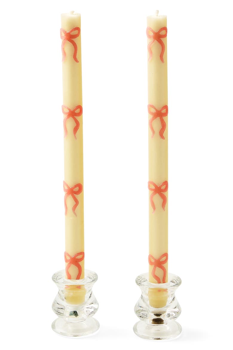 Set of 2 Pink Bow Taper Dinner Candles, Main, color, PINK