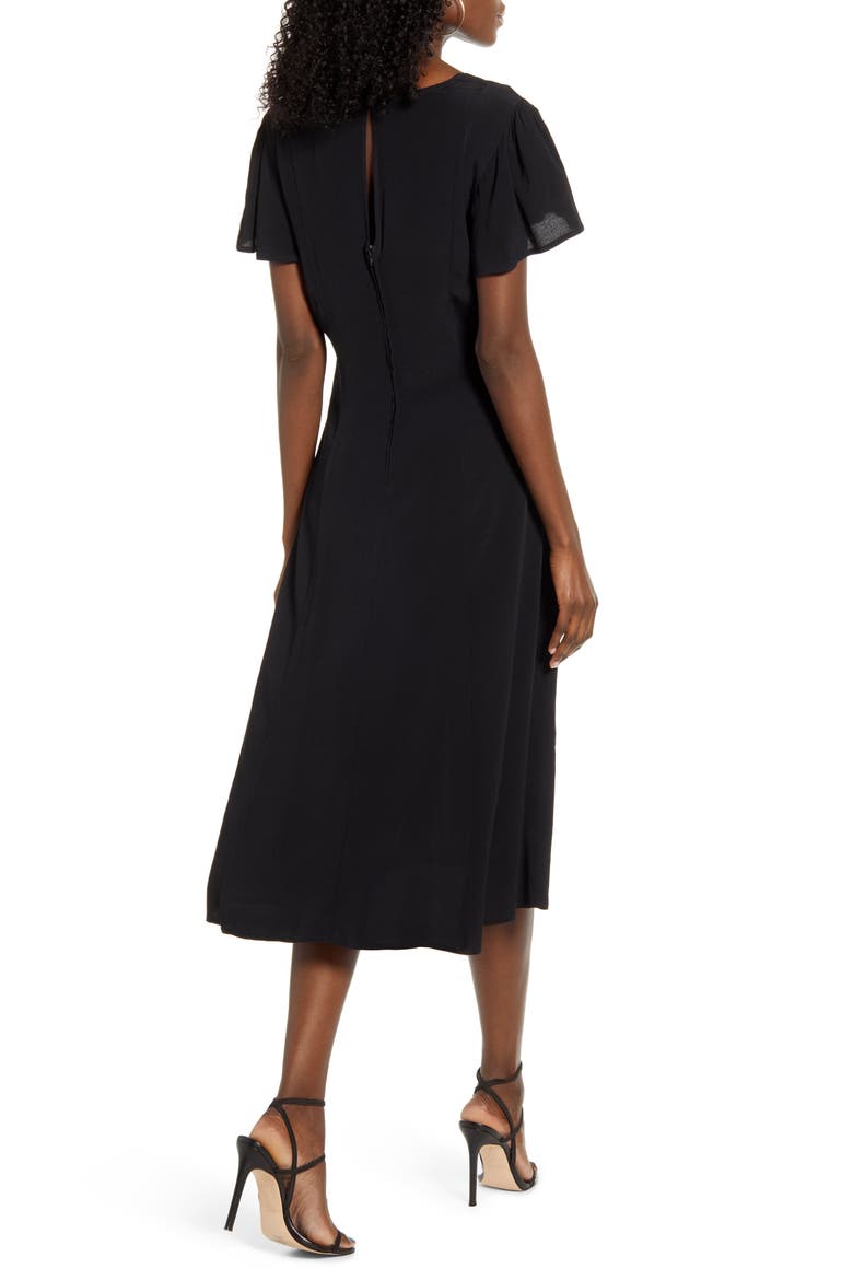 Button Front Flutter Sleeve Midi Dress, Alternate, color, BLACK