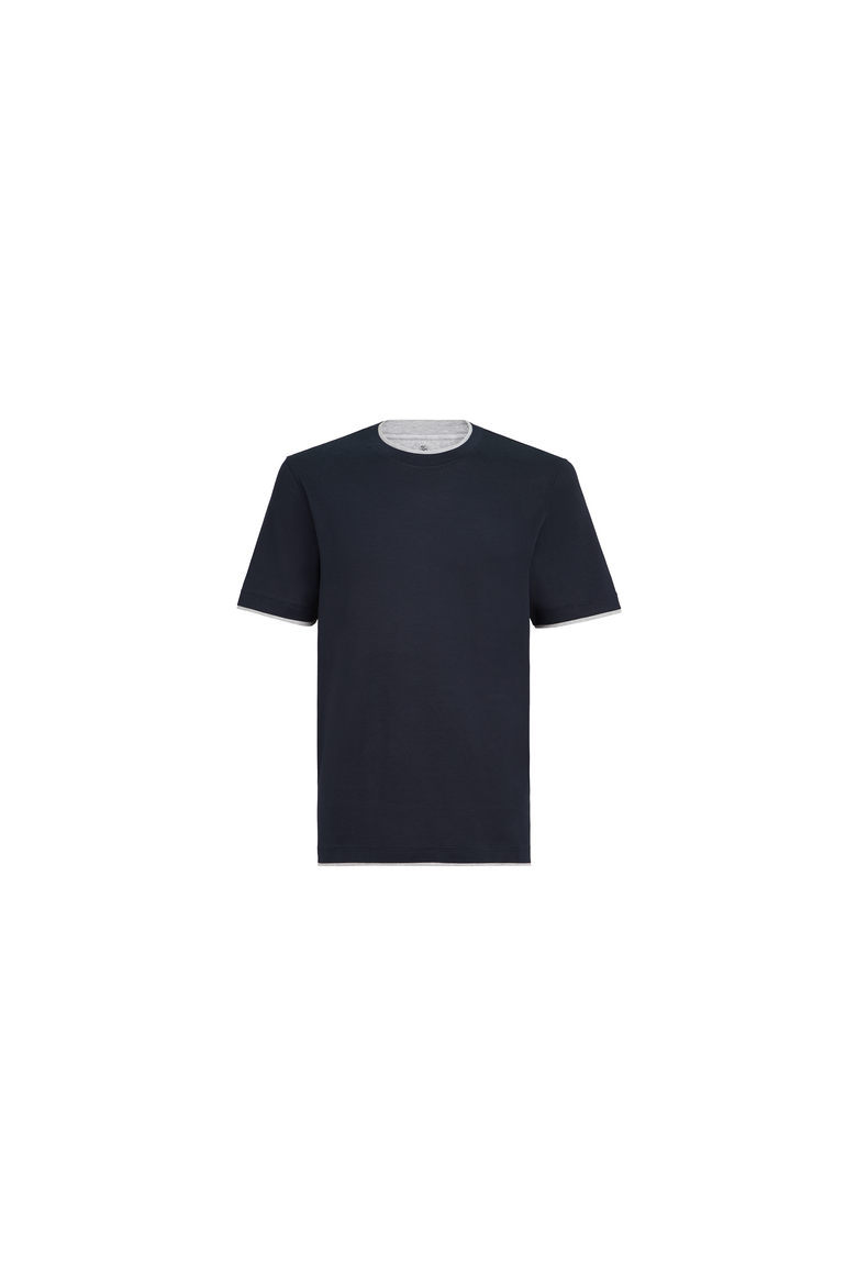 Silk and cotton lightweight jersey crew neck T-shirt with faux-layering, Alternate, color, Cobalt