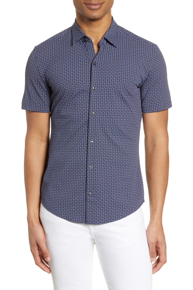 Robb Slim Fit Mini Floral Short Sleeve Button-Up Performance Shirt, Main, color, NAVY