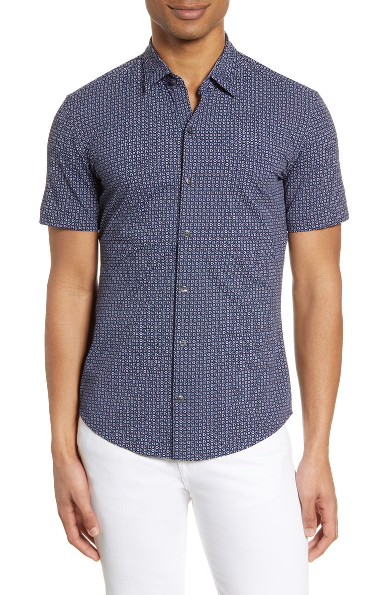 BOSS Robb Slim Fit Mini Floral Short Sleeve Button-Up Performance Shirt, Main, color, 