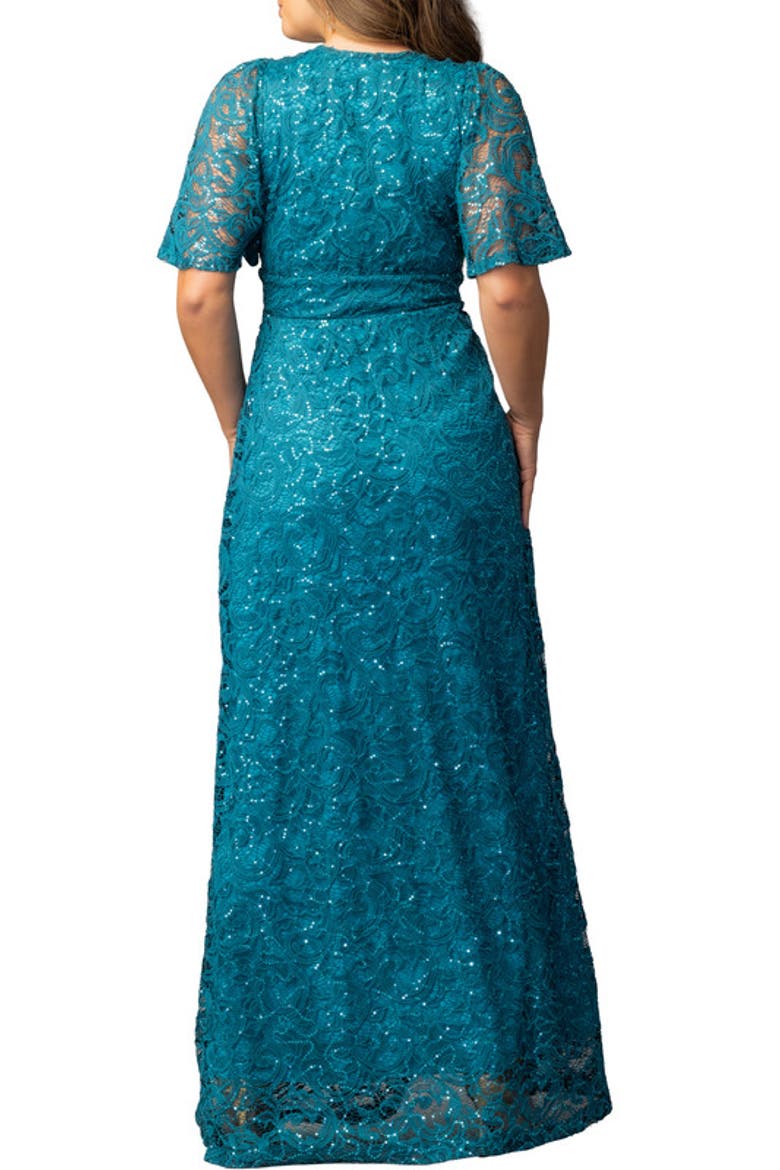 Luminous Sequin Lace Evening Gown, Alternate, color, Teal Topaz
