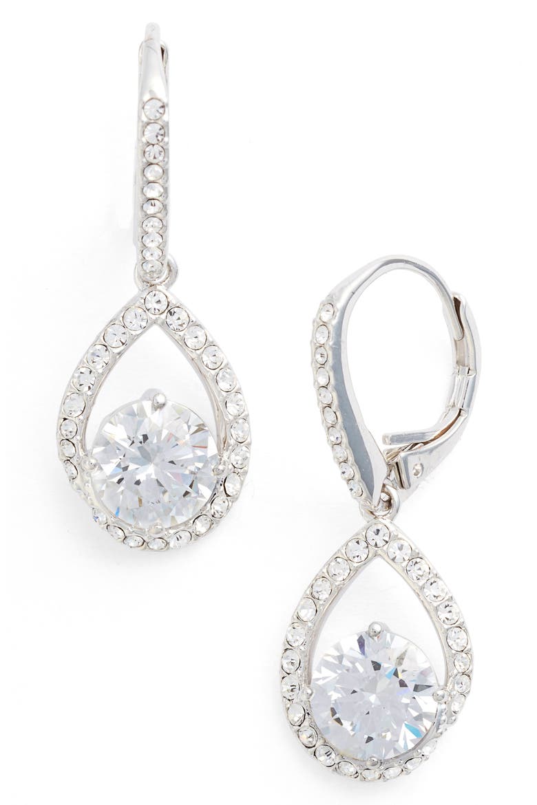 Cubic Zirconia Pear Drop Earrings, Main, color, SILVER