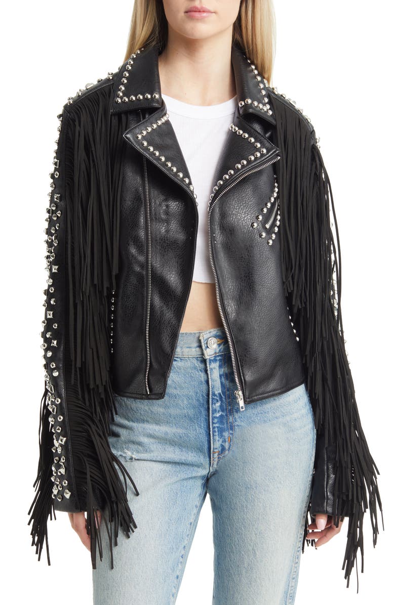 AZALEA WANG Western Fringe & Rivet Detail Faux Leather Jacket, Main, color, 