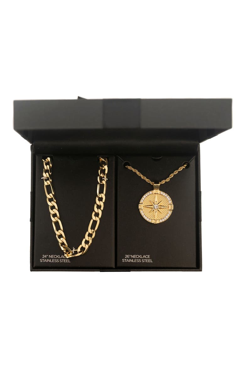 Men's Set of 2 Figaro Chain & Compass Pendant Necklaces, Main, color, GOLD/ SILVER