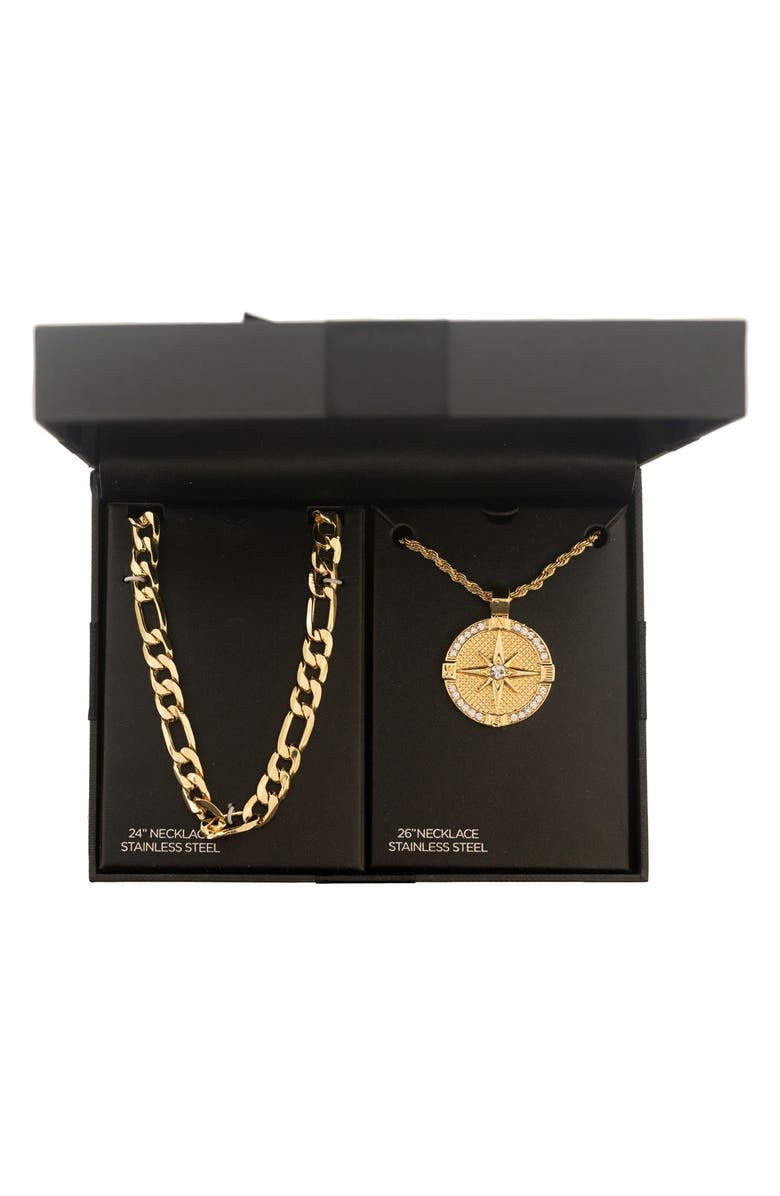 AMERICAN EXCHANGE Men's Set of 2 Figaro Chain & Compass Pendant Necklaces, Alternate, color, Gold/ Silver
