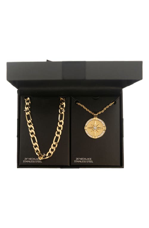 American Exchange Set Of 2 Figaro Chain & Compass Pendant Necklaces In Gold/silver