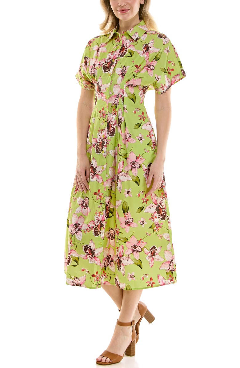 Nicole Miller Pintuck Waist Midi Shirtdress, Alternate, color, Orchid Allover Lime