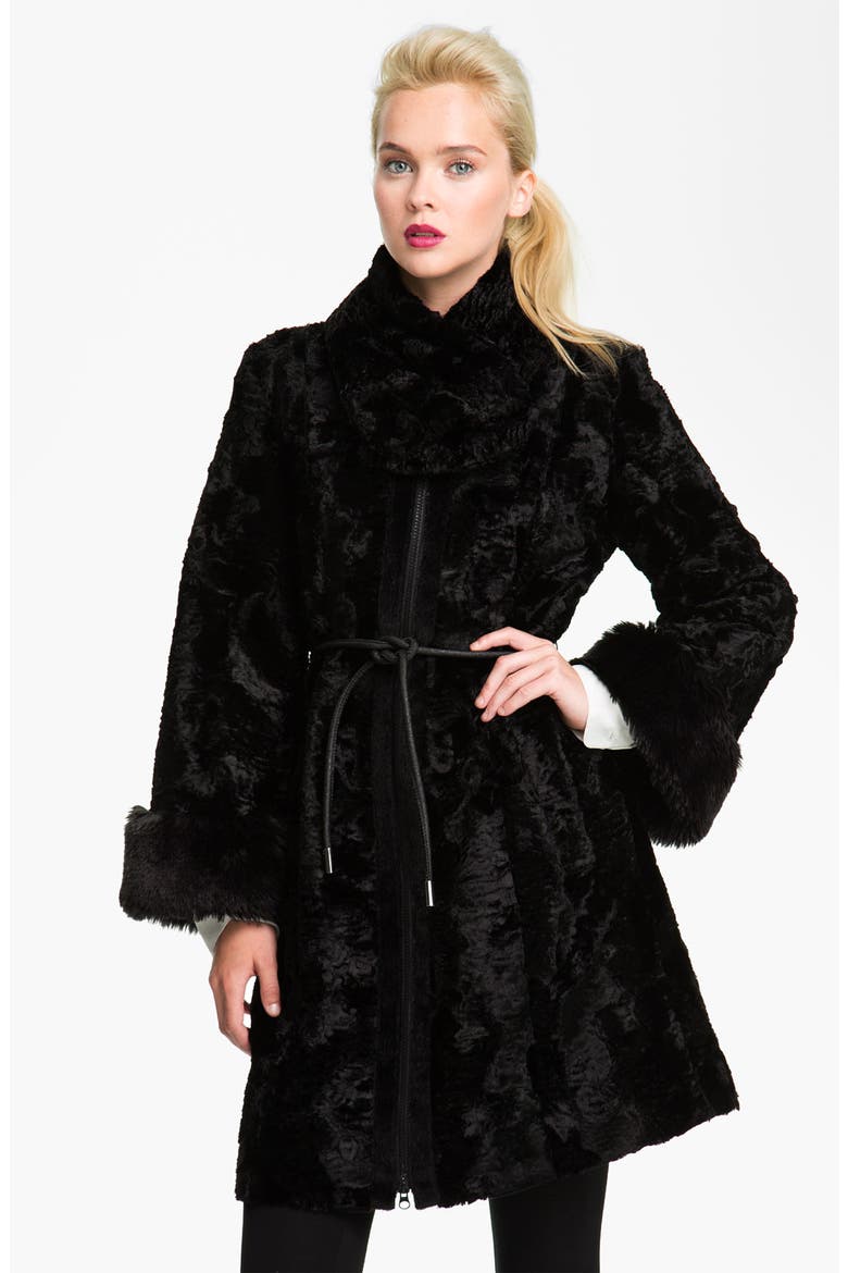 Faux Fur Coat with Scarf, Main, color, BLACK