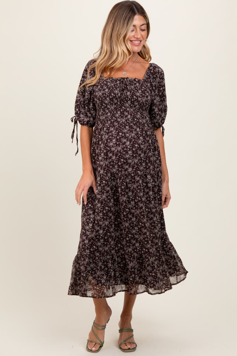 Floral Smocked Sleeve Tie Midi Dress, Alternate, color, Brown