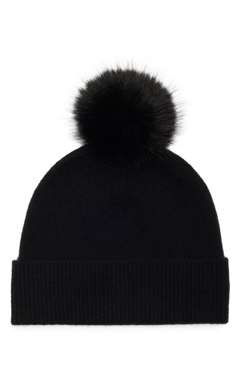 NORDSTROM RACK Faux Fur Cashmere Pompom Beanie, Main, color, Black