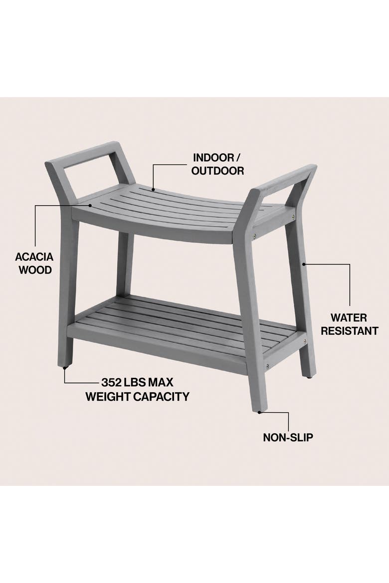 Orla Modern Acacia Wood Shower Bench with 2-Tier Storage Shelf, Spa Bath Stool Seat for Bathroom Indoor/Outdoor, Alternate, color, Gray