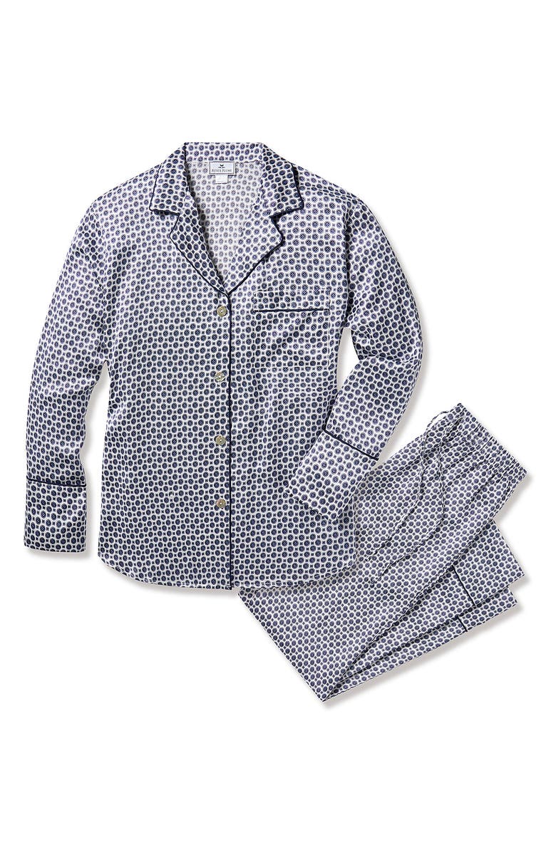 Petite Plume Medallion Print Mulberry Silk Pajamas, Alternate, color, Navy