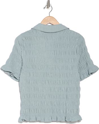 Smocked Short Sleeve Button-Up Shirt