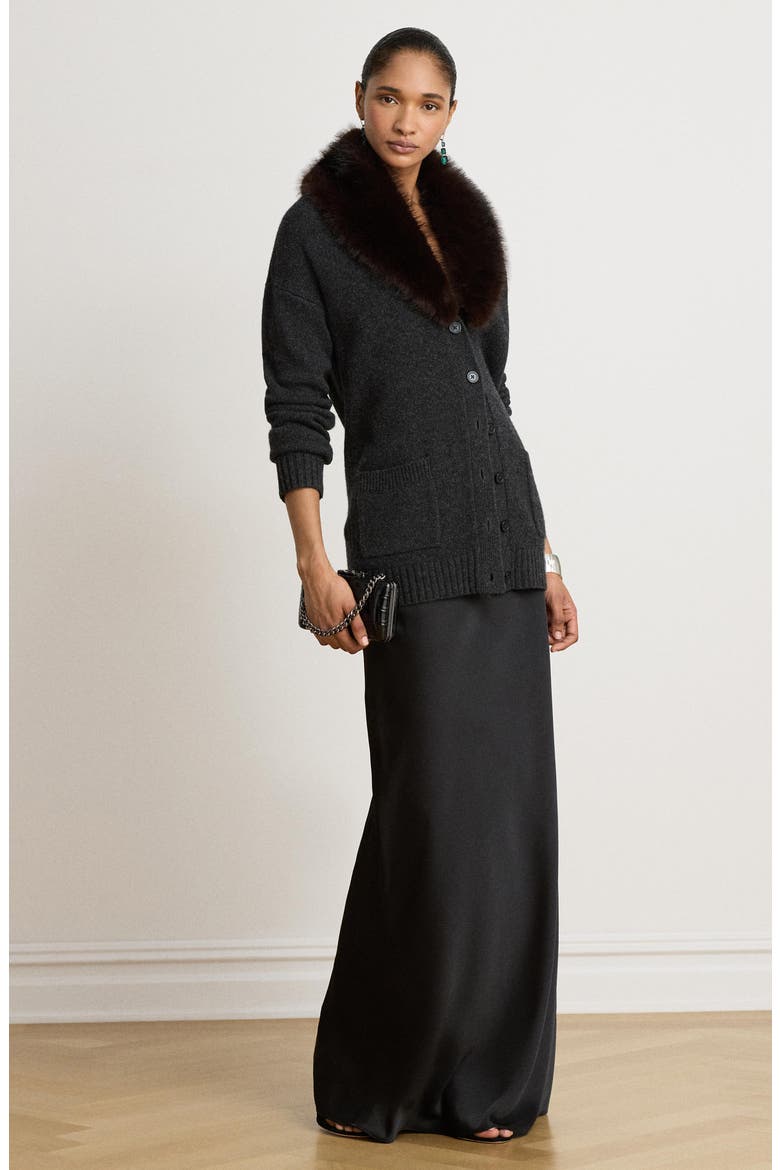 Faux Fur Trim Wool & Cashmere Cardigan, Alternate, color, GREY