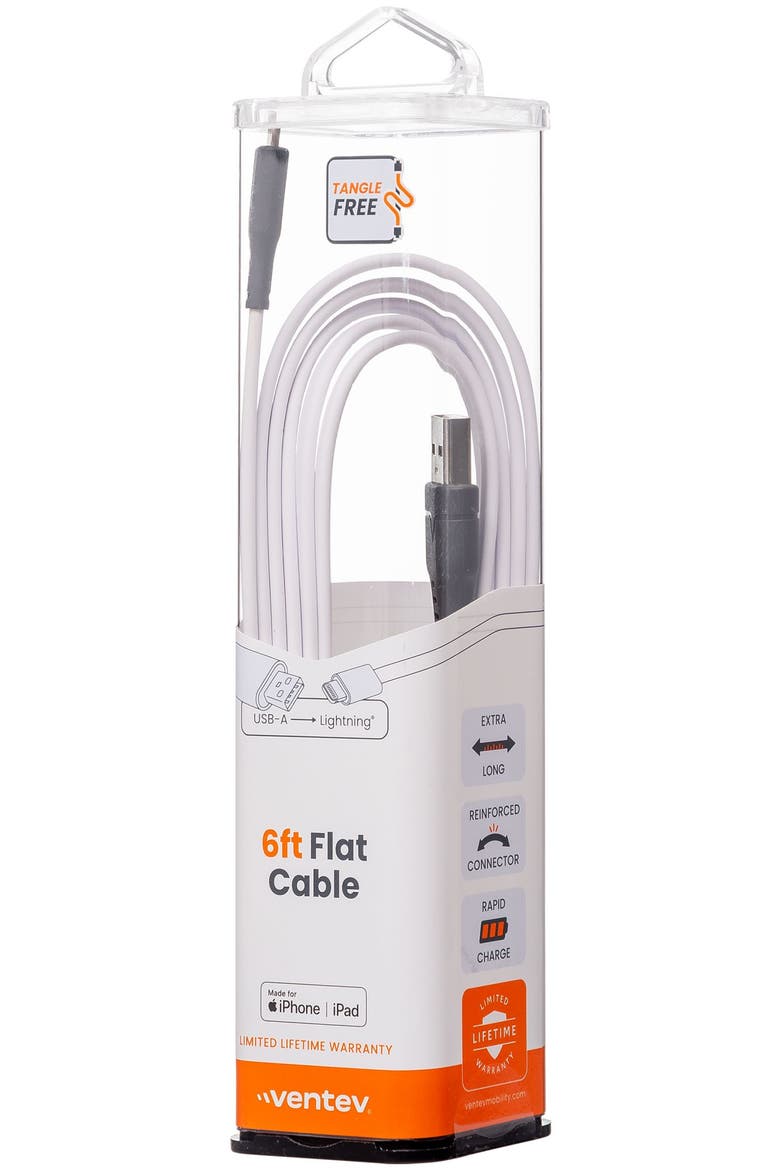 Flat USB-A to Apple Lightning High Speed Tangle-Free 6 Foot Cable, Alternate, color, White