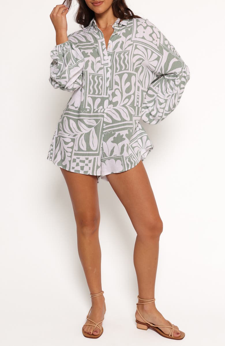 Petal & Pup Tansy Abstract Print Long Sleeve Romper, Main, color, Sage Print