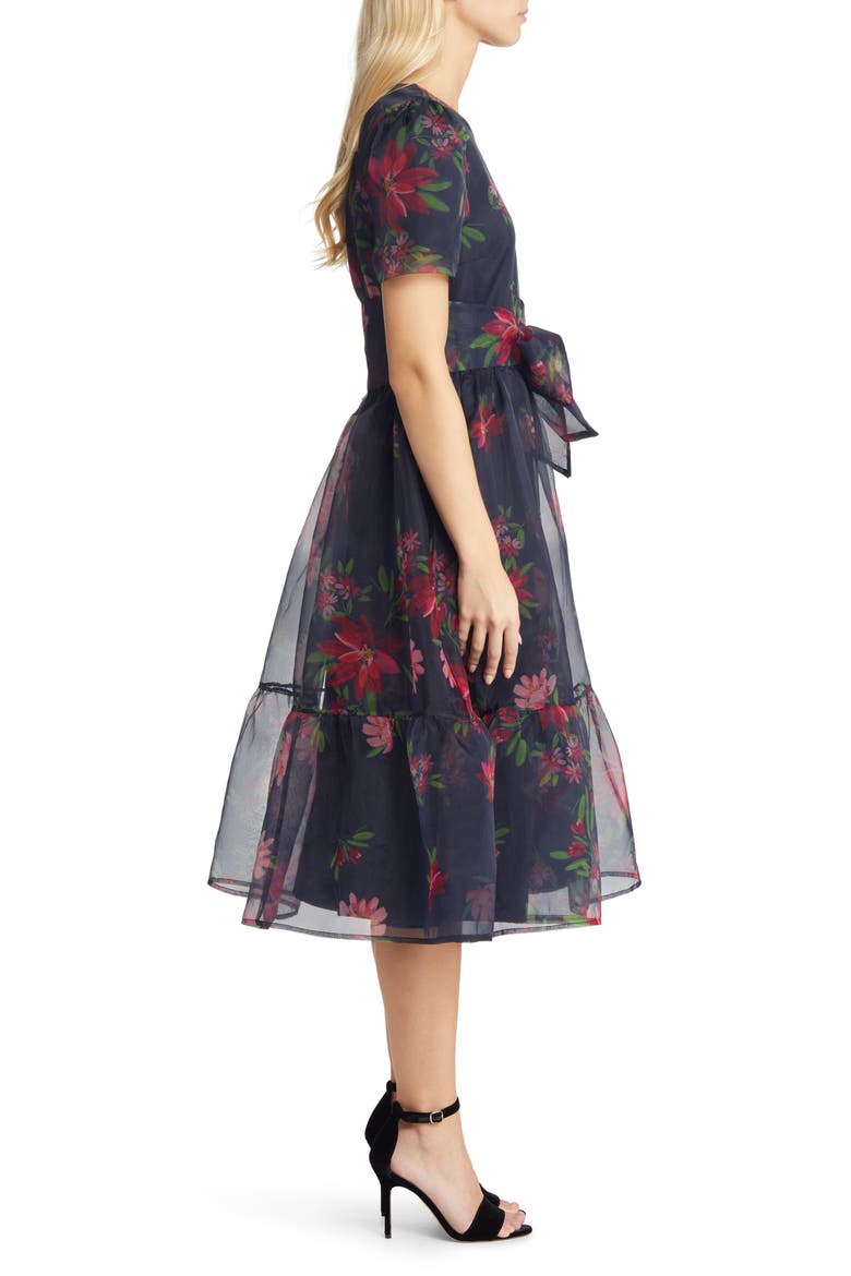 Floral Print Tie Waist Organza Midi Dress (Nordstrom Exclusive), Alternate, color, BLACK FLORAL INK