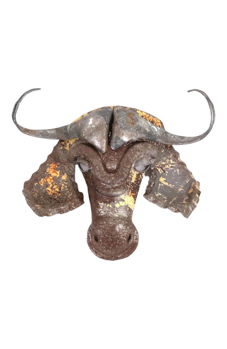 Mbare Buffalo Animal Mask - Recycled Metal Wall Art, Main, color, Grey