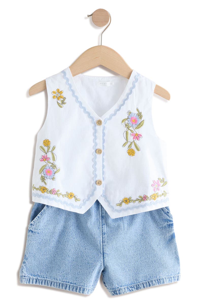 NEXT Kids' Embroidered Vest & Denim Shorts Set, Alternate, color, White