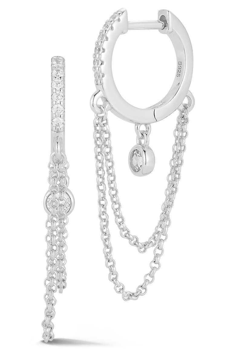 Cubic Zirconia Chain Drop Huggie Hoop Earrings, Main, color, SILVER