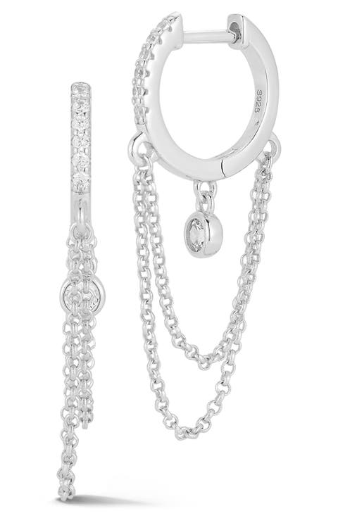 Cubic Zirconia Chain Drop Huggie Hoop Earrings